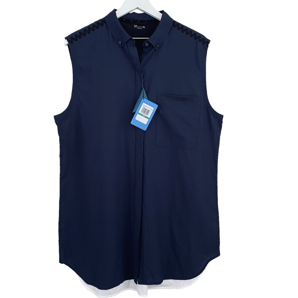 Under Armour NWT UAS Navy Sportswear Sleeveless Button‎ Down Blouse Size Large